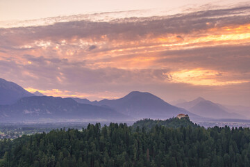 Epic sunrise over the castle at lake Bled in Slovenia