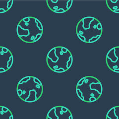 Line Earth globe icon isolated seamless pattern on blue background. World or Earth sign. Global internet symbol. Geometric shapes. Vector