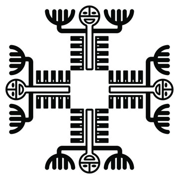 Square cross design with ethnic Polynesian tribal symbols. Stylized human figure of ancestor from Marquesas Islands. Black and white silhouette.