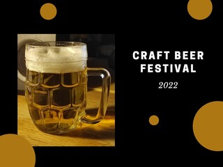 occasional banner, blackboard, background: brown background with a white inscription:  craft beer festival, there are also yellow circles and a photo of a mug of beer