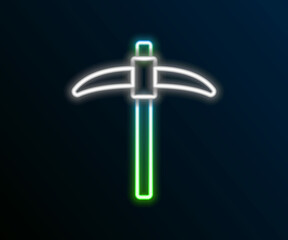Glowing neon line Pickaxe icon isolated on black background. Colorful outline concept. Vector