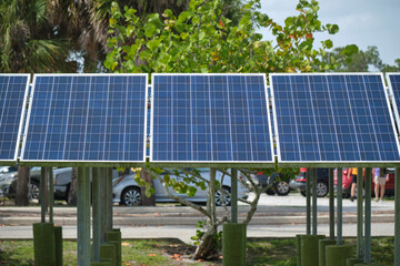 Solar panels installed on stand frame near parking lot for effective generation of clean electricity. Photovoltaic technology integrated in urban infrastructure for electric car charging