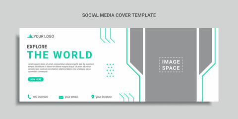 travel social media cover flat design or web banner with green color shapes