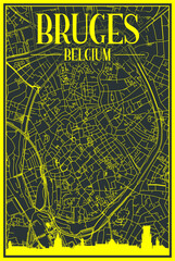 Yellow printout city poster with panoramic skyline and hand-drawn streets network on dark gray background of the downtown BRUGES, BELGIUM