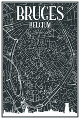 Dark printout city poster with panoramic skyline and hand-drawn streets network on dark gray background of the downtown BRUGES, BELGIUM