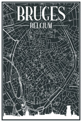 Obraz premium Dark printout city poster with panoramic skyline and hand-drawn streets network on dark gray background of the downtown BRUGES, BELGIUM