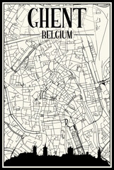 Light printout city poster with panoramic skyline and hand-drawn streets network on vintage beige background of the downtown GHENT, BELGIUM