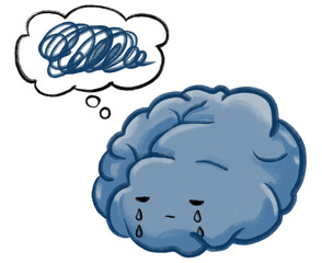 Depression unhappy sad grey blue brain cartoon illustration mental concept