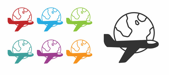 Black Globe with flying plane icon isolated on white background. Airplane fly around the planet earth. Aircraft world icon. Set icons colorful. Vector