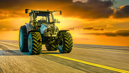 beautiful landscape with a tractor on the background of sunset. Agricultural technology agriculture concept
