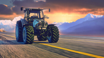 beautiful landscape with a tractor on the background of snow-capped mountains. Highland agriculture agriculture concept