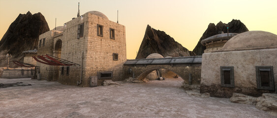 Wide cinematic 3D illustration of a fantasy science fiction settlement on a remote desert planet. © IG Digital Arts