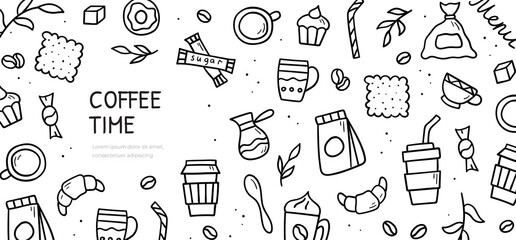 Hand drawn doodle set of coffee theme items. Horizontal banner template. Sketch style illustration.