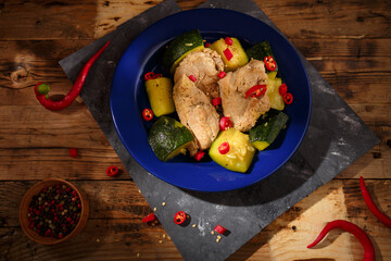 Stew or braised pork with zucchini and hot red pepper served on blue plate, wooden kitchen table background. Meat dish for meal.