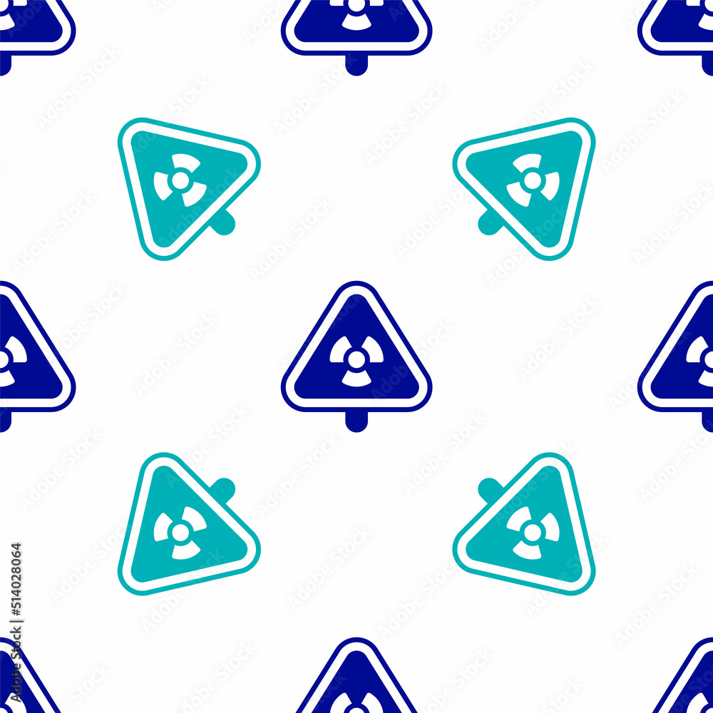 Poster blue triangle sign with radiation symbol icon isolated seamless pattern on white background. vector