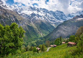 Landscape of  Lauterbrunnen valley with view on Eiger  in Swiss Alps, Switzerland.  Hiking trail...
