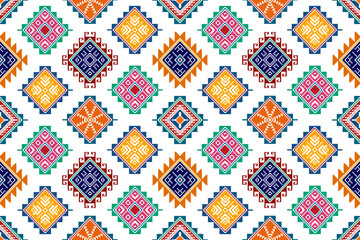 Ikat ethnic textile seamless pattern design. Aztec fabric carpet mandala ornaments textile decorations wallpaper. Tribal boho native tribal motif turkey traditional embroidery vector background  © Thann