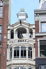 Amsterdam Leidsestraat Street Restored White Art Deco Building Facade Close Up, Netherlands