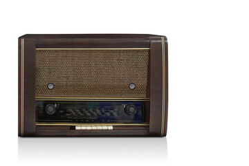 front view brown and black wooden radio on white background, object, fashion, music, technology, copy space