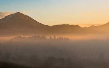Misty sunrise over the farmlands of Slovenia. Sunlight is penetrating the trees and bushes.