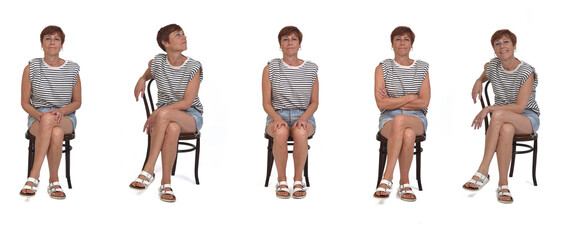 front view of same woman sitting chair, various poses on white background