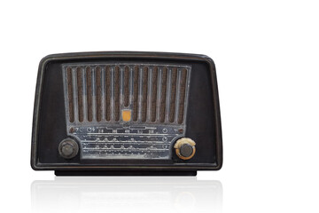 front view brown wooden and clear plastic radio on white background, old, dirty, object, fashion, technology, copy space