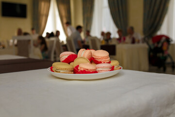 Birthday treat. White plate with french macarons or macaroons. Dessert for birthday party. Unrecognizable people, guests having dinner on background