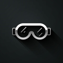 Silver Safety goggle glasses icon isolated on black background. Long shadow style. Vector