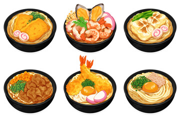 Variety japanese udon noodles soup set collection illustration vector. (Kitsune tofu, Seafood noodles, Chikara rice cake, Abura ramen, tempura udon, Original udon). Asian noodle bowl isolated set menu