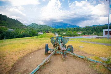 Old locomotive with wagon located at Museum of Battle at Neretva during World War II located in...