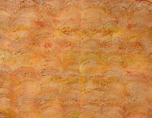 Background with textured hard brush relief strokes, prints and spots of orange, gold and yellow paint