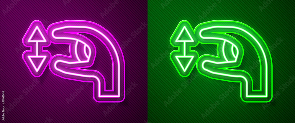 Poster glowing neon line human standing and showing the size of something with his hands icon isolated on p