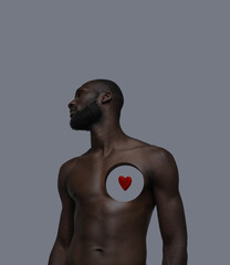 Contemporary art collage. Conceptual image with man having hole into body with whole heart shape....