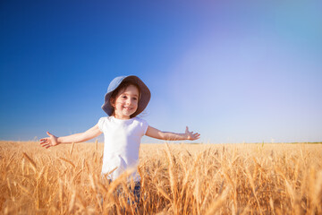 Happy girl walking in golden wheat, enjoying the life in the field. Nature beauty, blue sky and field of wheat. Family outdoor lifestyle. Freedom concept. Cute little girl in summer field - 514032209