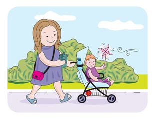 Woman with coffee rolls a stroller with a toddler who has a pinwheel in his hand