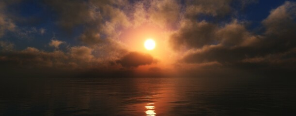 Naklejka na ściany i meble Light from heaven over the sea, seascape, sunset over water, light through clouds, 3d rendering