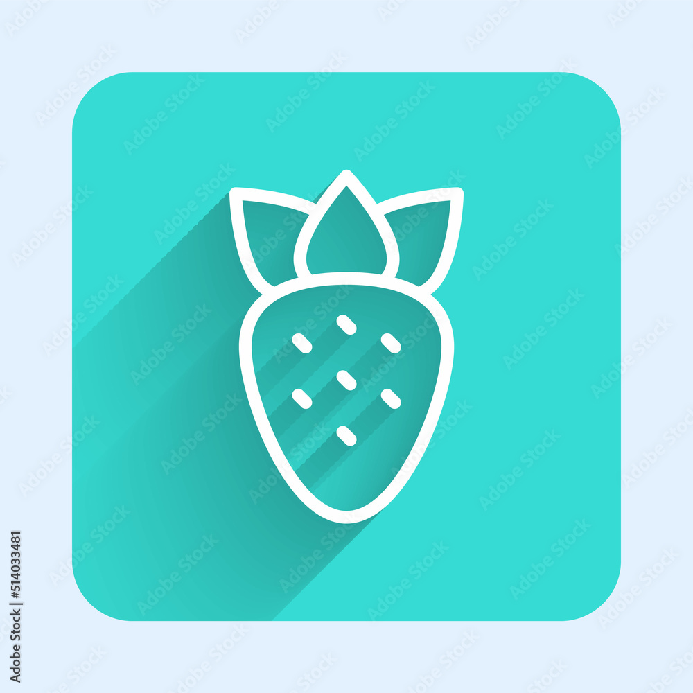 Poster white line strawberry icon isolated with long shadow background. green square button. vector