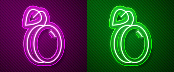 Glowing neon line Plum fruit icon isolated on purple and green background. Vector