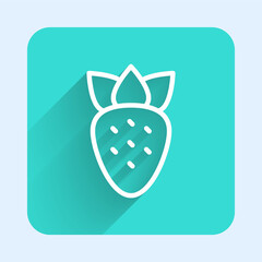 White line Strawberry icon isolated with long shadow background. Green square button. Vector