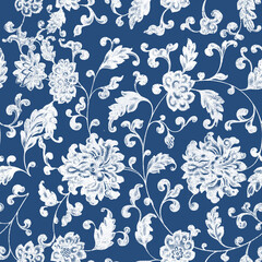 Fototapeta na wymiar Vintage Blue White Chinoiserie China Seamless Repeatable Tile Pattern