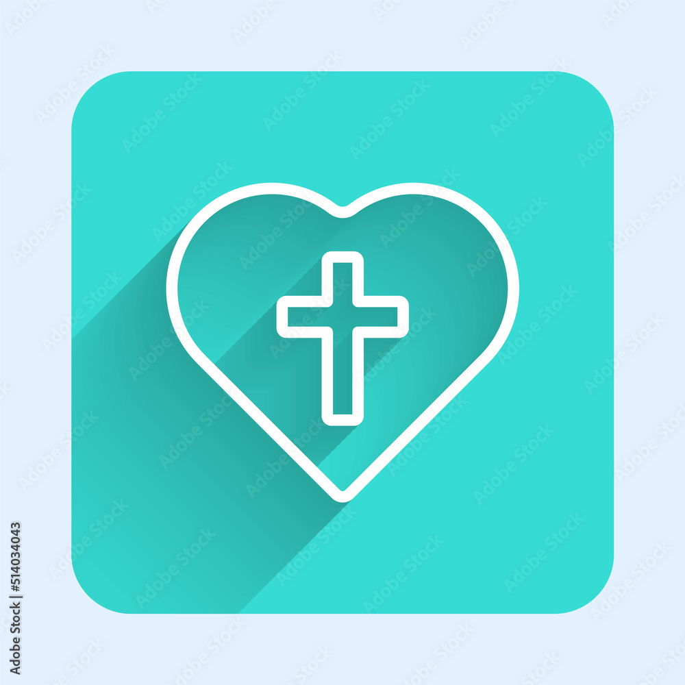 Poster white line christian cross in heart icon isolated with long shadow background. happy easter. green s