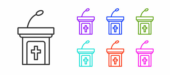 Black line Church sermon tribune icon isolated on white background. The podium of the preacher in the church. Set icons colorful. Vector