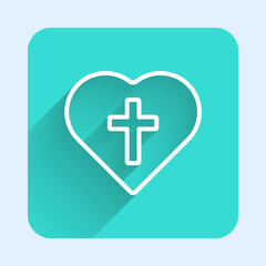 White line Christian cross in heart icon isolated with long shadow background. Happy Easter. Green square button. Vector