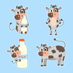 A set of stickers with a cute cow. Cartoon flat vector illustration. Milk day. Design or sticker