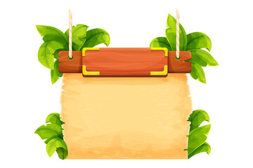 Jungle frame with wooden planks, old paper, rope, decorated plants and leaves in comic cartoon style isolated on white background. Tribal, rural clip art. Ui game asset. © Alyona