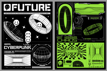 Collection of modern abstract posters. In acid style, highlighted on a black background. Acid graphic style. Abstract rude poster or leaflet design template or print for clothing hoodies. Vector