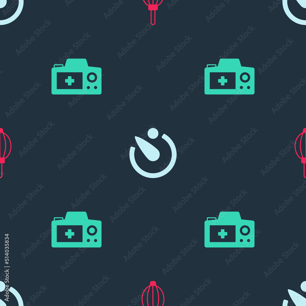 Poster set dust blower, camera timer and photo camera on seamless pattern. vector