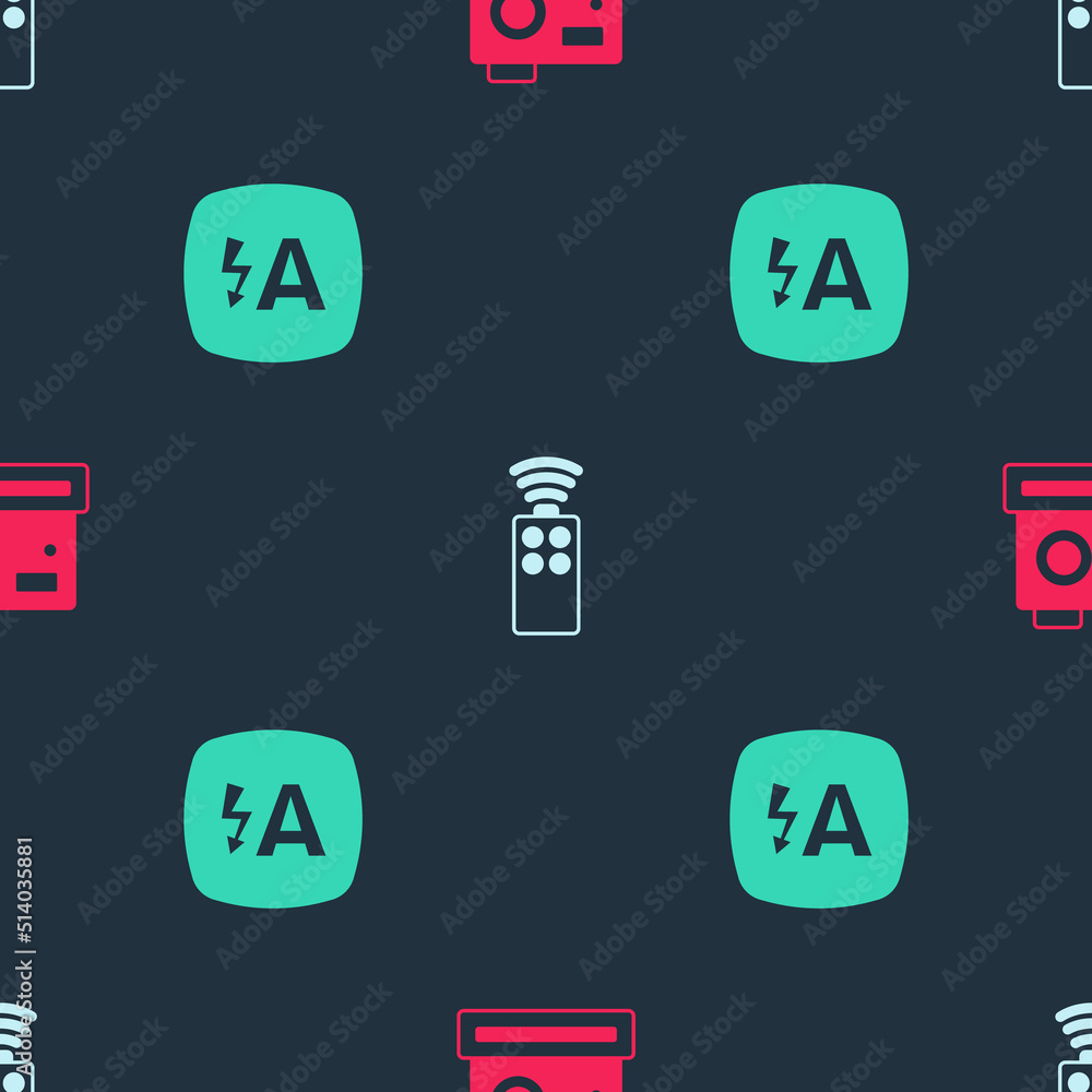 Poster set photo camera, remote control for and auto flash on seamless pattern. vector