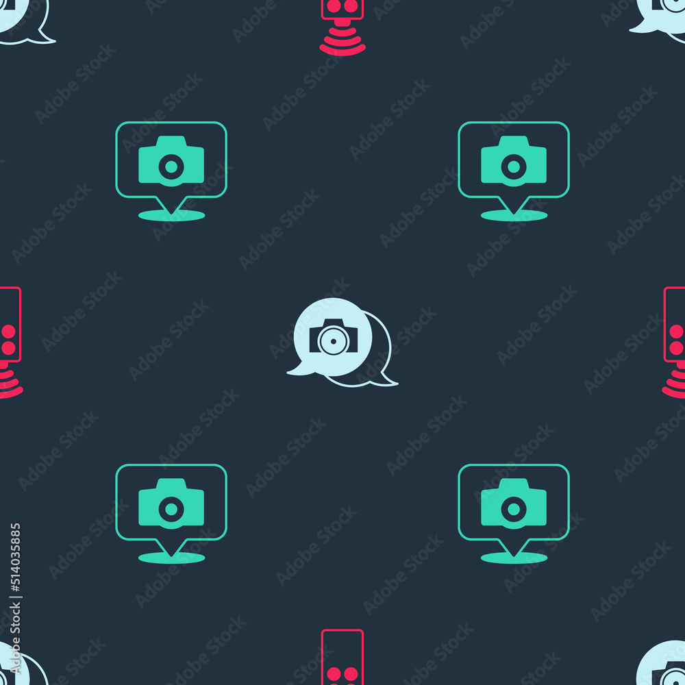 Poster set remote control for camera, photo and on seamless pattern. vector