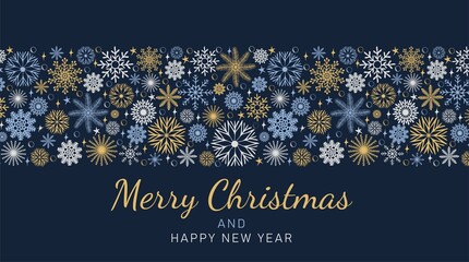 Fototapeta na wymiar Merry Christmas and Happy New Year festive design. Winter Holidays border made of beautiful snowflakes in modern line art style on dark blue background. Xmas decoration with falling snow. Vector illus